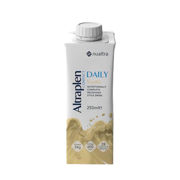 A 250ml carton of Nualtra Altraplen Compact Daily Vanilla, a high energy oral nutritional supplement, with white and beige packaging detailing nutrition facts and a white plastic screw cap.