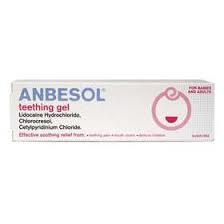 The image shows Anbesol Teething Gel, suitable for infants and adults with teething discomfort. It contains Lidocaine Hydrochloride for pain relief. The packaging is mostly white with bold blue and red text, ensuring soothing comfort.