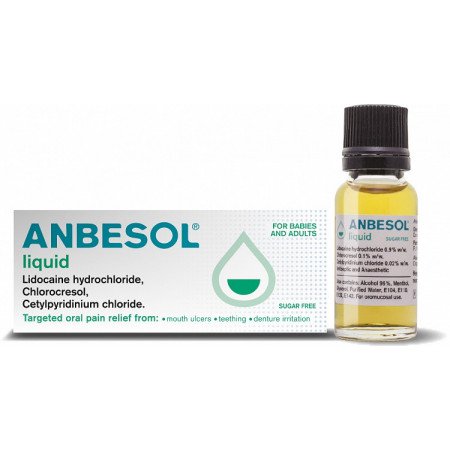 Anbesol Liquid (10ml) packaging shows a small bottle beside it, highlighting ingredients like lidocaine hydrochloride, chlorocresol, and cetylpyridinium chloride. This sugar-free solution provides targeted oral pain relief for mouth ulcers, teething pain, and denture irritation comfort.