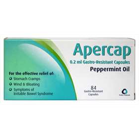 Apercap Peppermint Oil Caps (84 Capsule) effectively relieve IBS symptoms like stomach cramps, wind, and bloating. These 0.2 ml gastro-resistant capsules come in green and white packaging with health logos.