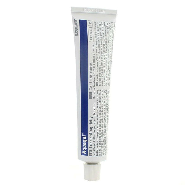 An 82g tube of Ecolab Aquagel Lubricating Jelly stands upright against a white background, displaying the Ecolab brand name, product label, and application instructions.