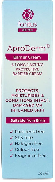 AproDerms Aproderm Barrier Cream (30g) in a blue box emphasizes its protective and moisturizing benefits for sensitive skin. Suitable from birth, its an ideal skincare choice free of parabens, SLS, halogens, colors, and fragrances.