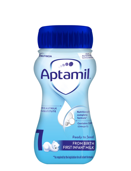 Aptamil First Milk (200ml) infant formula, under the Aptamil brand, features a blue cap and blue-white packaging that emphasizes baby nutrition benefits suitable from birth, adorned with a cute small polar bear illustration at the bottom.