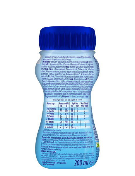 Aptamil First Milk (200ml), from the Aptamil brand, comes in a plastic bottle with a blue cap. It includes feeding instructions and baby nutrition details printed in small font directly on the bottle.