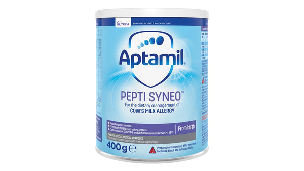 Aptamil Pepti Syneo (400g) by Aptamil is a hypoallergenic formula designed for cows milk allergy management, featuring a blue and white label with nutritional details and usage guidelines.