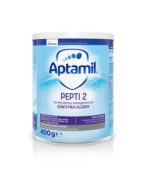 The Aptamil Pepti 2 Tub (400g) formula is designed for the dietary management of cows milk allergies in infants from 6 months, featuring whey protein and intended for special medical purposes under supervision. It comes in a sleek white and blue design.