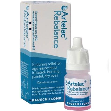 Image of Artelac Rebalance Relief (10ml Drops) by Artelac. The packaging describes it as an ophthalmic solution for relieving dry, irritated eyes with sodium hyaluronate, PEG 8000, and vitamin B12 to maintain moisture balance.