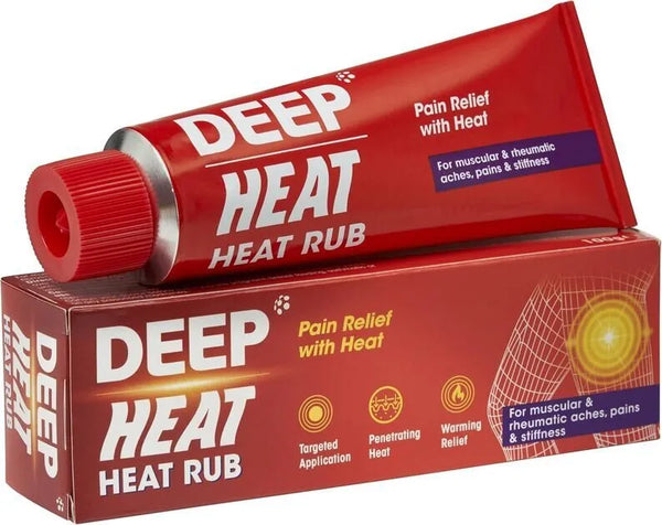 A 100g tube of Deep Heat Pain Relief Rub by Deep Heat rests on its box, both clearly labeled for muscular pain relief. The packaging emphasizes targeted application and warming relief for muscular and rheumatic aches, pains, and stiffness, making it an ideal option for effective rheumatic pain management.