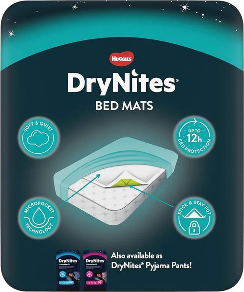 The packaging of Huggies DryNites Bed Mats (7) showcases standout features such as up to 12 hours of protection, a soft and quiet texture, advanced micropocket technology, and a stick & stay put design. These waterproof, absorbent bed mats from Huggies are designed for dependable nighttime assurance and are also offered in the form of DryNites Pyjama Pants.