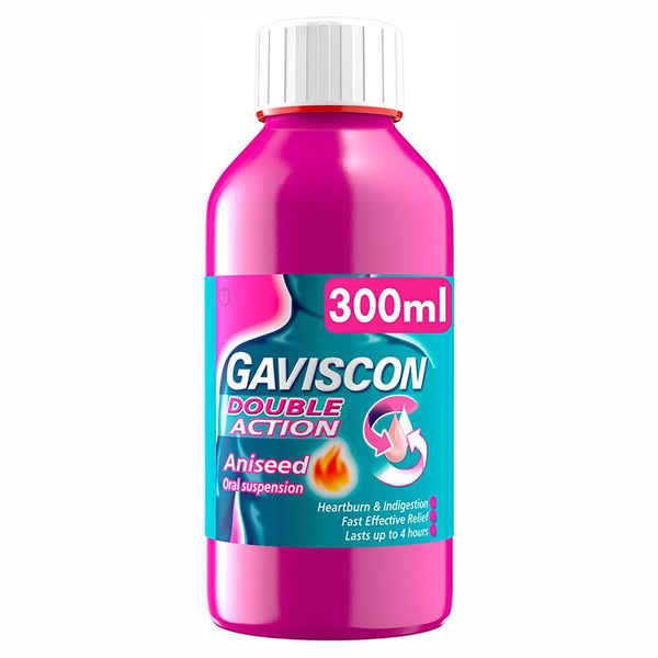 A 300ml bottle of Gaviscon Double Action Aniseed offers fast heartburn and indigestion relief, providing up to 4 hours of comfort. Its a reliable choice for Gaviscon benefits.