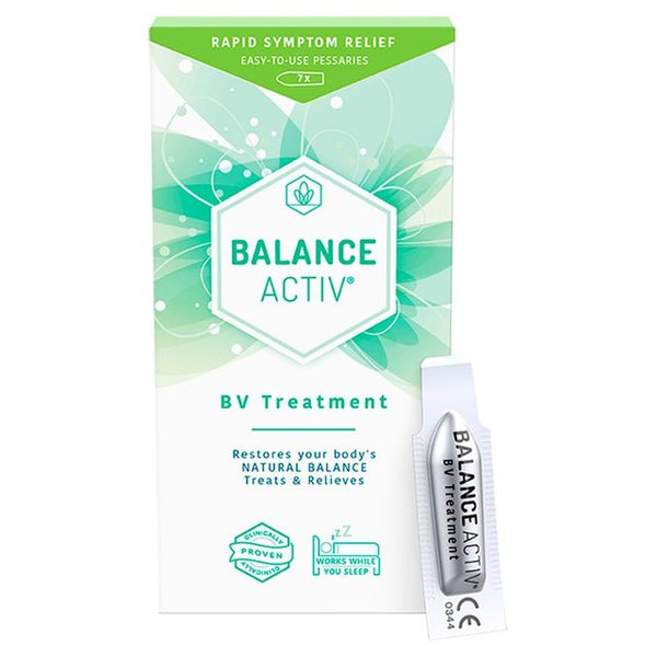 121 Pharmacy’s Balance Activ BV Treatment Pessaries (7 Pack) in green and white packaging offer rapid relief from bacterial vaginosis symptoms, easy-to-use pessaries, and help restore natural vaginal health. A single sachet is shown beside the box.