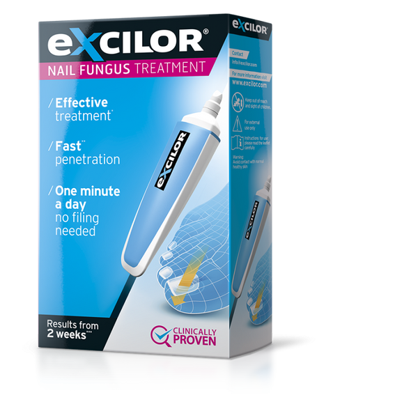 The image shows a box of Excilor Fungal Nail Infection Pen (3.3ml), with an easy-to-use nail pen applicator. The packaging emphasizes Effective treatment, Fast penetration, and requires only One minute a day. It offers visible results in two weeks and is Clinically proven.