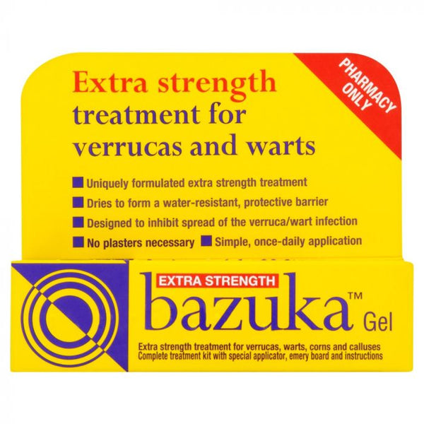 A yellow box of Bazuka Extra Strength Gel (5g) for verrucas and warts features bold red and purple text highlighting its water-resistant formula and easy application. "Pharmacy only" appears in the top right corner.