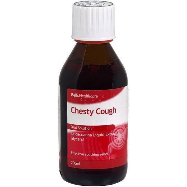 Bells Chesty Cough (200ml) by Bells features Ipecacuanha Liquid Extract and Glycerol for effective chesty cough relief and soothing sore throats.