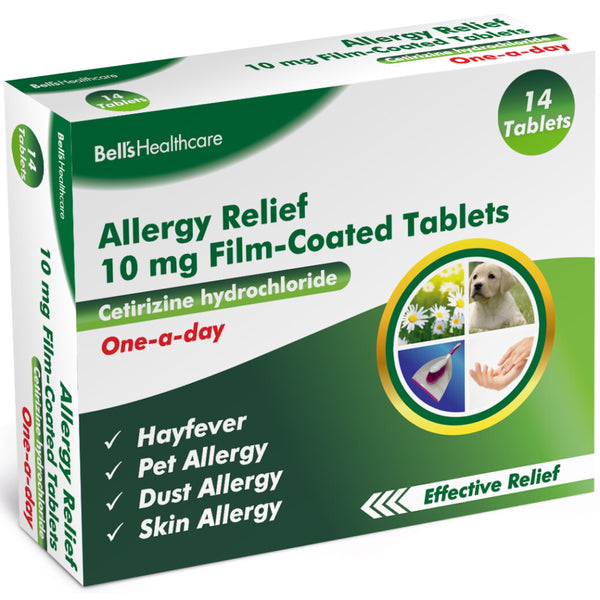 Bells Hayfever and Allergy Relief Cetirizine 10mg Tablets provide effective allergy relief with one daily dose. Each tablet contains cetirizine hydrochloride, a trusted antihistamine, and the box features images of pollen, a pet, and a child. The pack includes 14 tablets for comprehensive relief.
