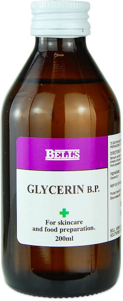 Bell’s Cough & Cold Remedies Glycerin (200ml) in a brown bottle with a white cap is labeled for skincare and food preparation. It also provides sore throat relief, making it a versatile home remedy.