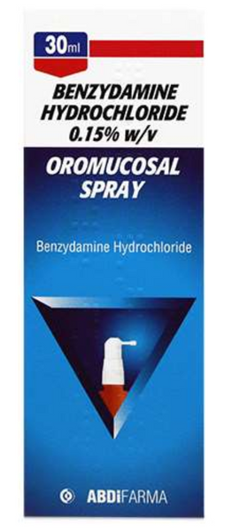 Box of Benzydamine Hydrochloride Spray - Like Difflam (0.15% w/v, 30ml), with mainly blue and white packaging and a spray bottle graphic; ideal for relieving oral discomfort from mouth ulcers. Brand May Vary shown at the bottom.