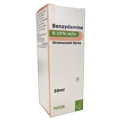 White and pink box of Benzydamine Hydrochloride Oromucosal Spray 0.15% (30ml) by Brand May Vary, for oral discomfort relief and mouth ulcers, with visible text and branding on the front and side panels.