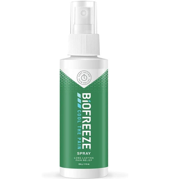 Biofreeze Pain Relieving Spray (118ml) by Biofreeze is a white and green spray bottle labeled "Cool the Pain," providing effective, long-lasting topical analgesic pain relief.