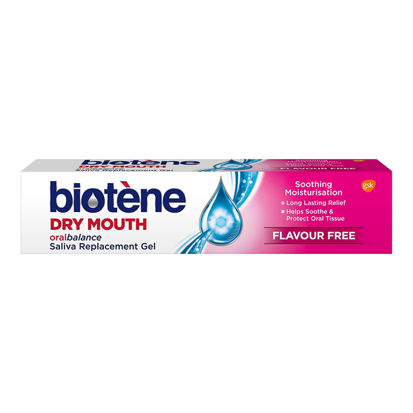 The Biotene Oral Balance Saliva Gel (50g) packaging features a teardrop graphic to emphasize soothing moisturization, with a prominent Flavour Free label. Its blue, white, and pink colors create an inviting appearance.