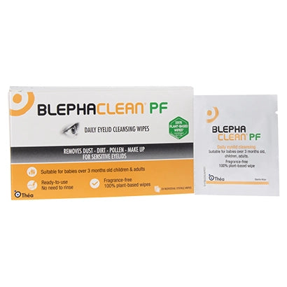 Blephaclean Preservative Free Daily Eyelid Cleansing 20 Wipes by Thea: fragrance-free, made from 100% plant-based fibers, suitable for sensitive eyes of adults, children, and babies over 3 months.
