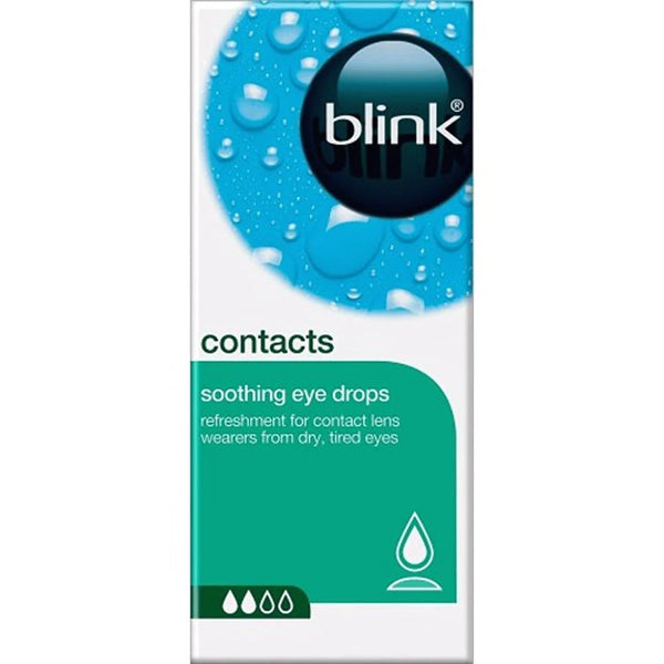 The Blink Contacts Multi-Dose Soothing Eye Drops (10ml) features a calming water droplet background and a teardrop icon, offering instant relief for contact lens wearers with dry, tired eyes.