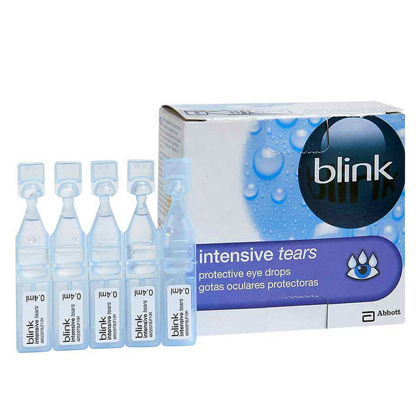 The image shows Blink Intensive Tears Vial 0.4 ml (20 Vials), by Blink, a leading eye lubricant for dry eyes relief. The packaging features a white and purple box with English and Spanish text, a blue droplet logo, and five clear labeled vials for easy use.