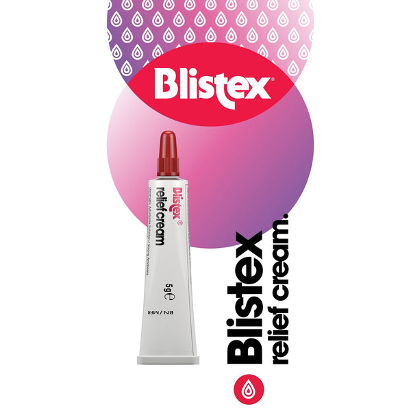 A Blistex Relief Cream 5g tube for fast cold sore and chapped lip relief stands vertically against a pink and purple gradient background with droplet patterns, boldly displaying Blistex and relief cream in black.