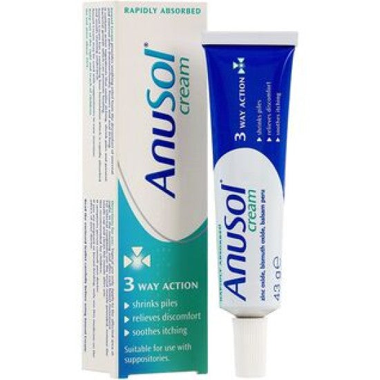 Anusol Cream (43g) by Anusol, designed for haemorrhoids relief, shrinks piles and soothes itching. It comes in a blue and white tube with the box featuring a clean design accented in blue and green.