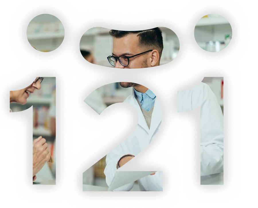 Three people in a pharmacy setting are visible within the cut-out shapes of 121. They are engaged in conversation, with one wearing a white lab coat. Shelves with various products are blurred in the background.