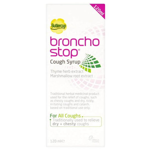 Image of a 120ml bottle of Buttercup BronchoStop Cough Syrup, providing effective relief for dry and chesty coughs. The label features BronchoStop in pink, emphasizing thyme and marshmallow herb extracts, with a purple cap.