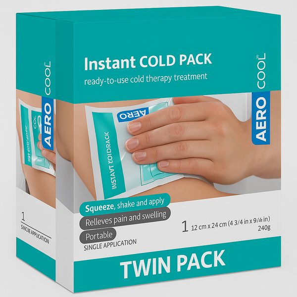A box of Alvita Instant Ice pack (PACK OF 2) by Alvita, with an image of a hand applying the ice pack to skin. The packaging promotes cold therapy for pain relief, portability, and single-use application, containing two packs inside.