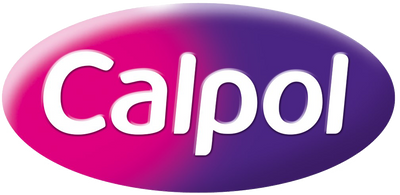 The image shows the Calpol logo, featuring the word Calpol in white letters on a glossy, oval-shaped background that transitions from pink on the left to purple on the right.