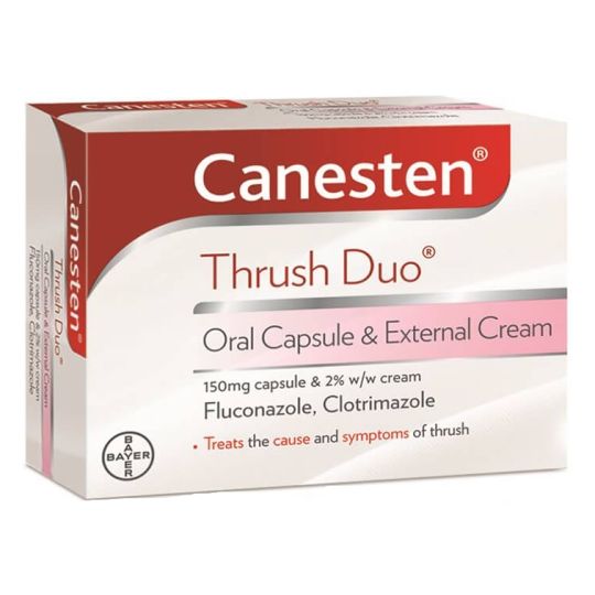 The Canesten Thrush Duo box displays an oral capsule and a 2% Clotrimazole cream, featuring active ingredients Fluconazole and Clotrimazole to target both the cause and symptoms of thrush.