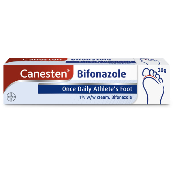 The Canesten Bifonazole Once Daily Athletes Foot Cream (20g) by Canesten contains 1% bifonazole. Its packaging is red, blue, and white with a foot illustration on the right side.