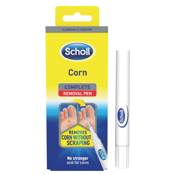 Image of a Scholl Foot Treatment 2 in 1 Corn Pen (4ml) package. The yellow and blue Savlon packaging features an illustration of toe use, stating removes corn without scraping and is clinically proven, making it a must-have for effective foot care.