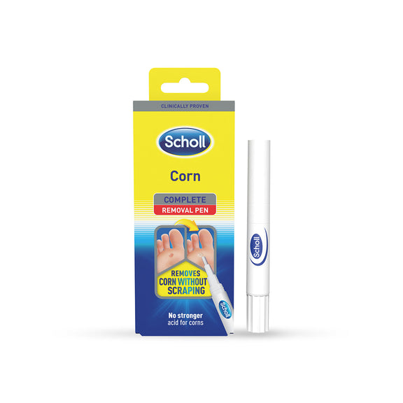 The image features a Savlon Scholl Foot Treatment 2 in 1 Corn Pen (4ml) package and pen, emphasizing its foot care role. With yellow and blue packaging, it promises corn removal without scraping and highlights its clinically proven effectiveness.