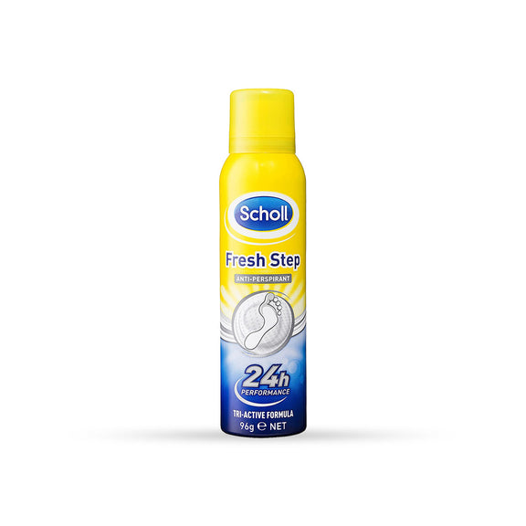 A yellow and blue Scholl Fresh Step Shoe Spray can, featuring a foot graphic, offers 24h performance and a Tri-Active Formula for antimicrobial protection with a net weight of 150ml.