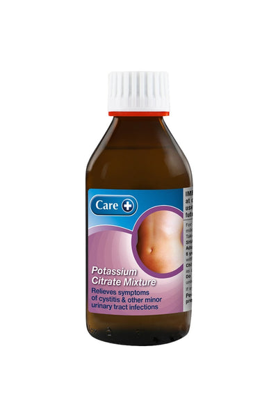 A brown bottle labeled Care Potassium Citrate Mixture (200ml) with a white cap features an image of a persons abdomen. The label states it relieves cystitis and minor urinary tract infection symptoms while providing potassium supplementation. Brand: Care.