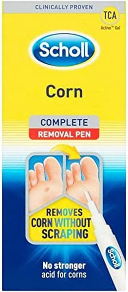 Savlons Scholl Foot Treatment 2 in 1 Corn Pen (4ml) package shows a pen applying the product without scraping, featuring No stronger acid for corns and Clinically Proven. Ideal for effective skin treatment.