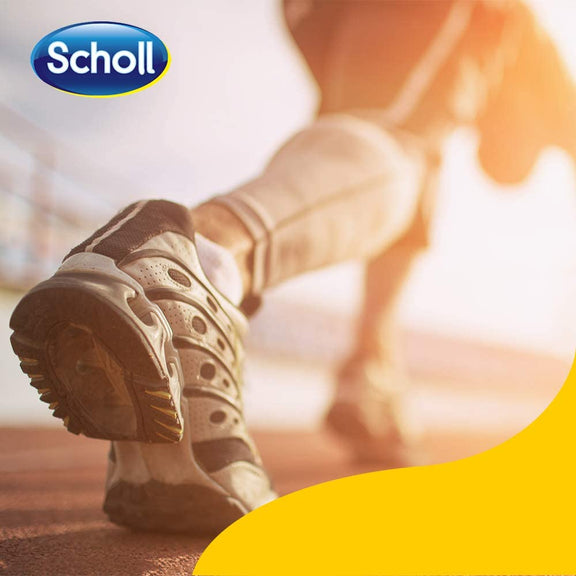 A person wearing sneakers is running on a track with the sun shining in the background. The Scholl logo appears at the top left, and a yellow curve is at the bottom right. These shoes promise freshness thanks to Scholl Fresh Step Shoe Sprays antimicrobial protection.