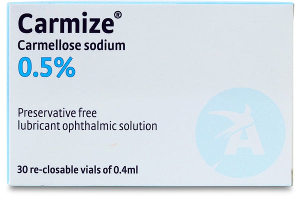 Carmize 0.5% offers preservative-free lubricant eye drops designed to relieve dry eyes, available in 30 re-closable vials of 0.4 ml each from the Carmize brand.