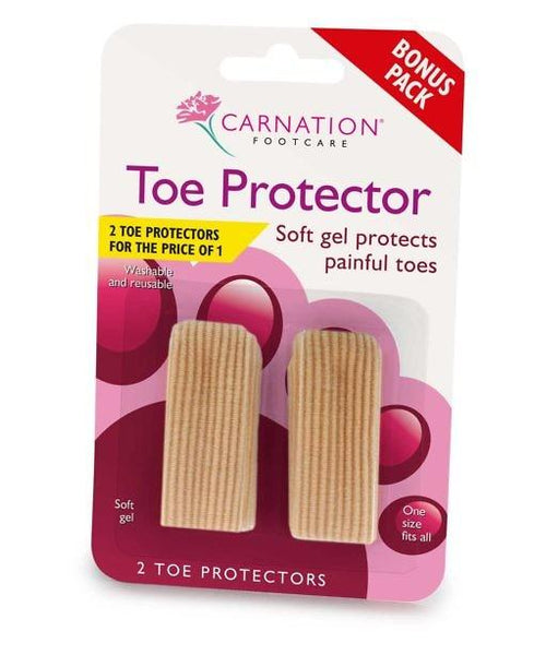 The Carnation Toe Protector package provides cushioning and protection with two soft gel protectors. This Bonus Pack offers 2 for the price of 1, highlighting its reusable design for sore toes.