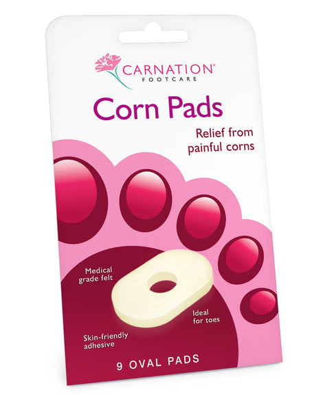 Carnation Corn Pads Oval (9 pads) offer pain relief from corns with a pink design featuring oval pads. They use medical-grade felt and hypo-allergenic adhesive, ideal for toes to relieve pressure effectively.