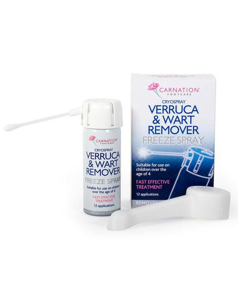 Image of Carnation Verruca and Wart Remover Freeze Spray 50ml. This product contains a spray can, applicators, and packaging, promising fast, effective treatment suitable for children over four with 12 applications.