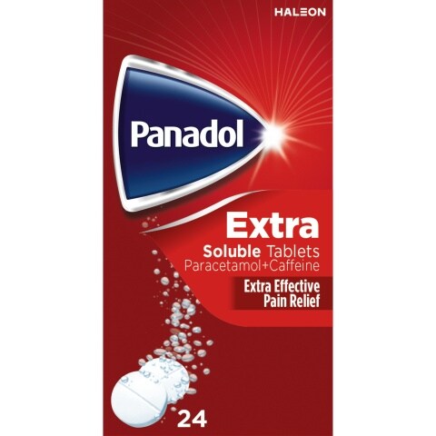 The red box of Panadol Extra Advance Soluble Tablets, featuring paracetamol and caffeine for enhanced headache relief, showcases an effervescent tablet dissolving in water. It contains 24 tablets and prominently displays the Panadol logo at the top.