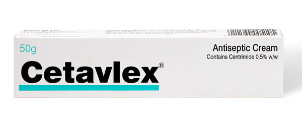 A white rectangular box of Cetavlex Cream (50g) by Leebote contains cetrimide 0.5% w/w. The packaging features black and turquoise text with the Cetavlex name prominently displayed, ideal for anyone seeking a reliable antiseptic cream for everyday needs.