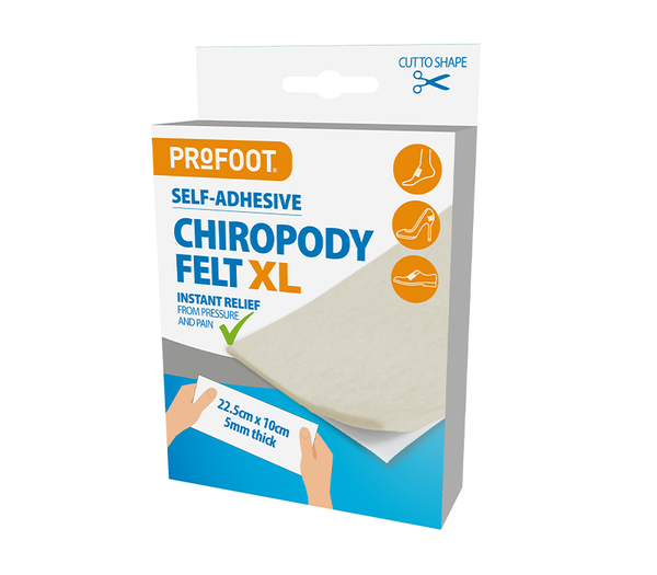 The Carnation Chiropody Felt (Pack) offers instant pressure relief and pain alleviation, measuring 22.5cm x 10cm and 5mm thick. The packaging features images of feet and shoes with the promise: CUT TO SHAPE — your go-to footcare solution.