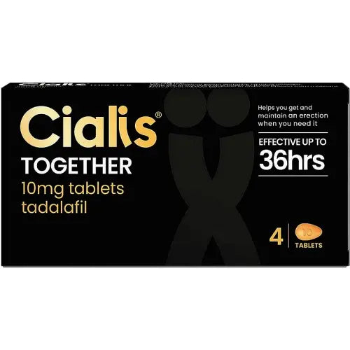 A black box of Cialis Together - Tadalafil 10mg Tablets (4) from the brand Cialis. This over-the-counter erectile dysfunction treatment is effective for up to 36 hours, featuring a pill graphic and text indicating it helps maintain an erection as needed.