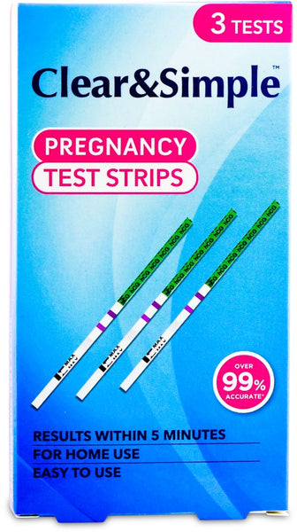 Clear and Simple Pregnancy Test Strips (3 Test) by Clear and Simple offers over 99% accuracy, detects hCG for early home pregnancy results in 5 minutes; the blue and pink box contains three easy-to-use strips.